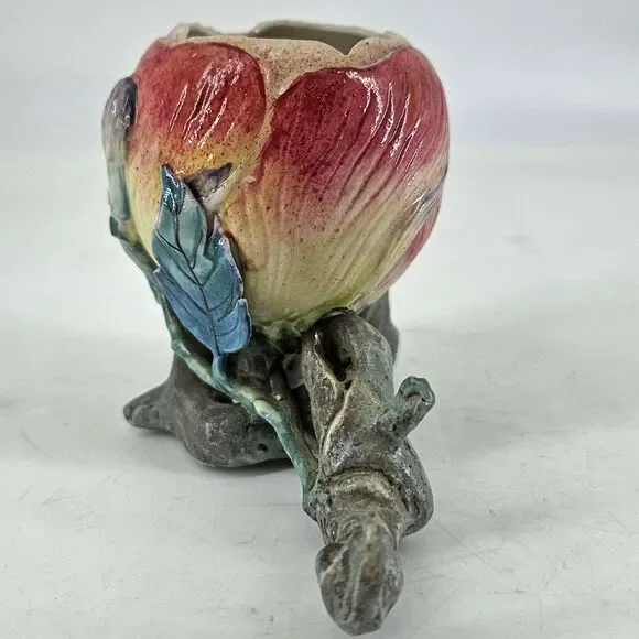 Vintage majolica porcelain unique pink magnolia flower bud blossom decor